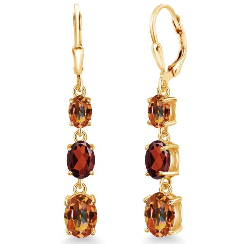 18K Yellow Gold with 6.00 Cttw 3 Stone Ecstasy Mystic Topaz and Garnet Earrings